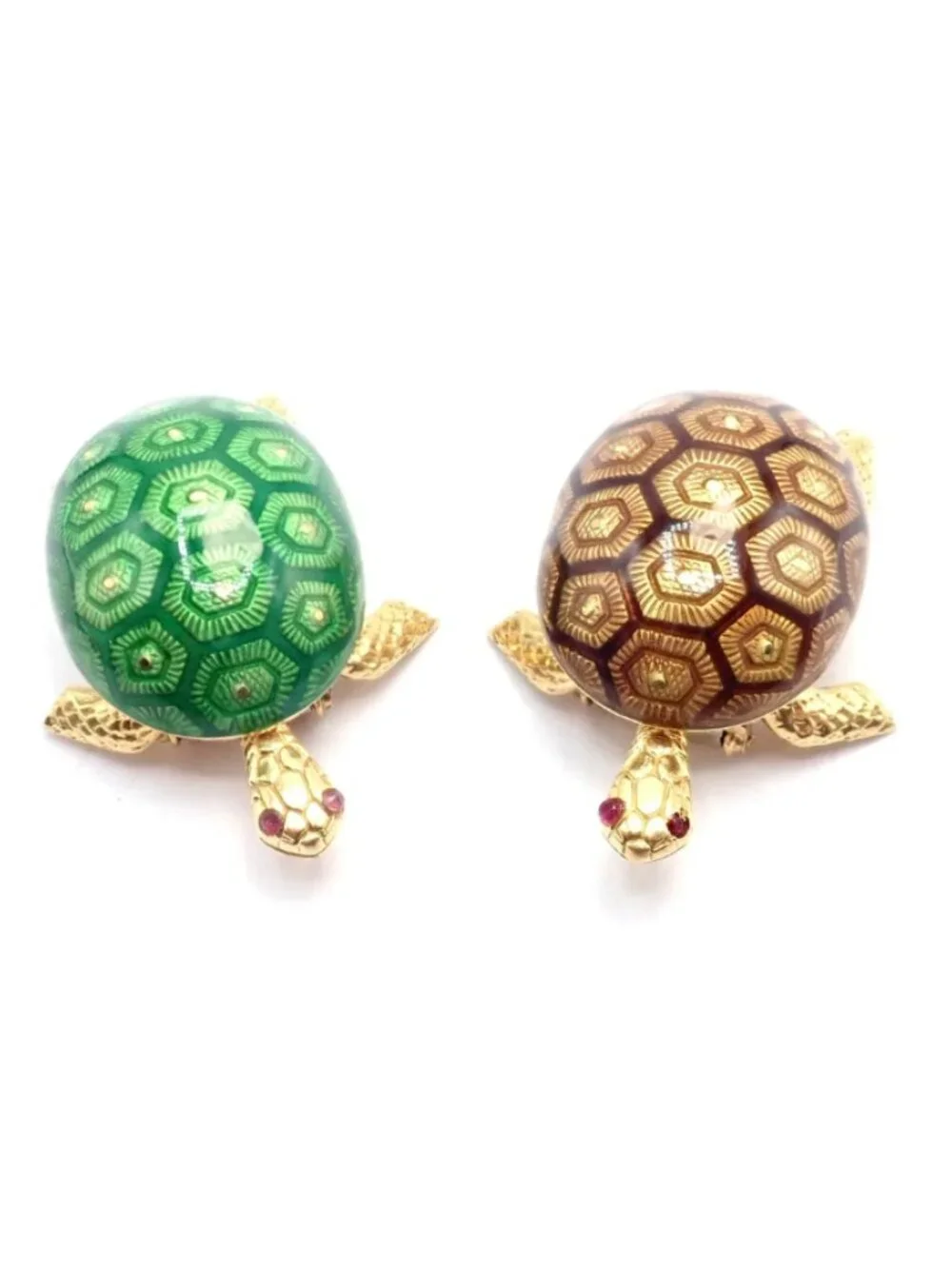 Vintage! Boucheron France 18k Yellow Gold Enamel Set Of Two Turtle Brooches